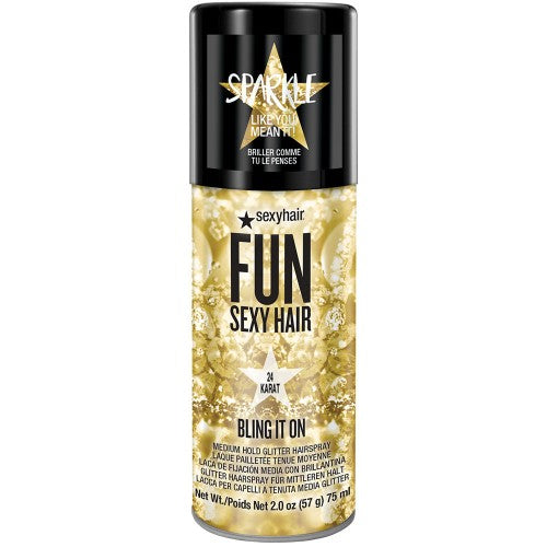 Fun SexyHair Bling It On 24K Gold Glitter Hairspray 2oz - Totally Refreshed Steam and Spa